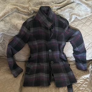Barely Worn Grey and Purple Plaid Coat with Belt